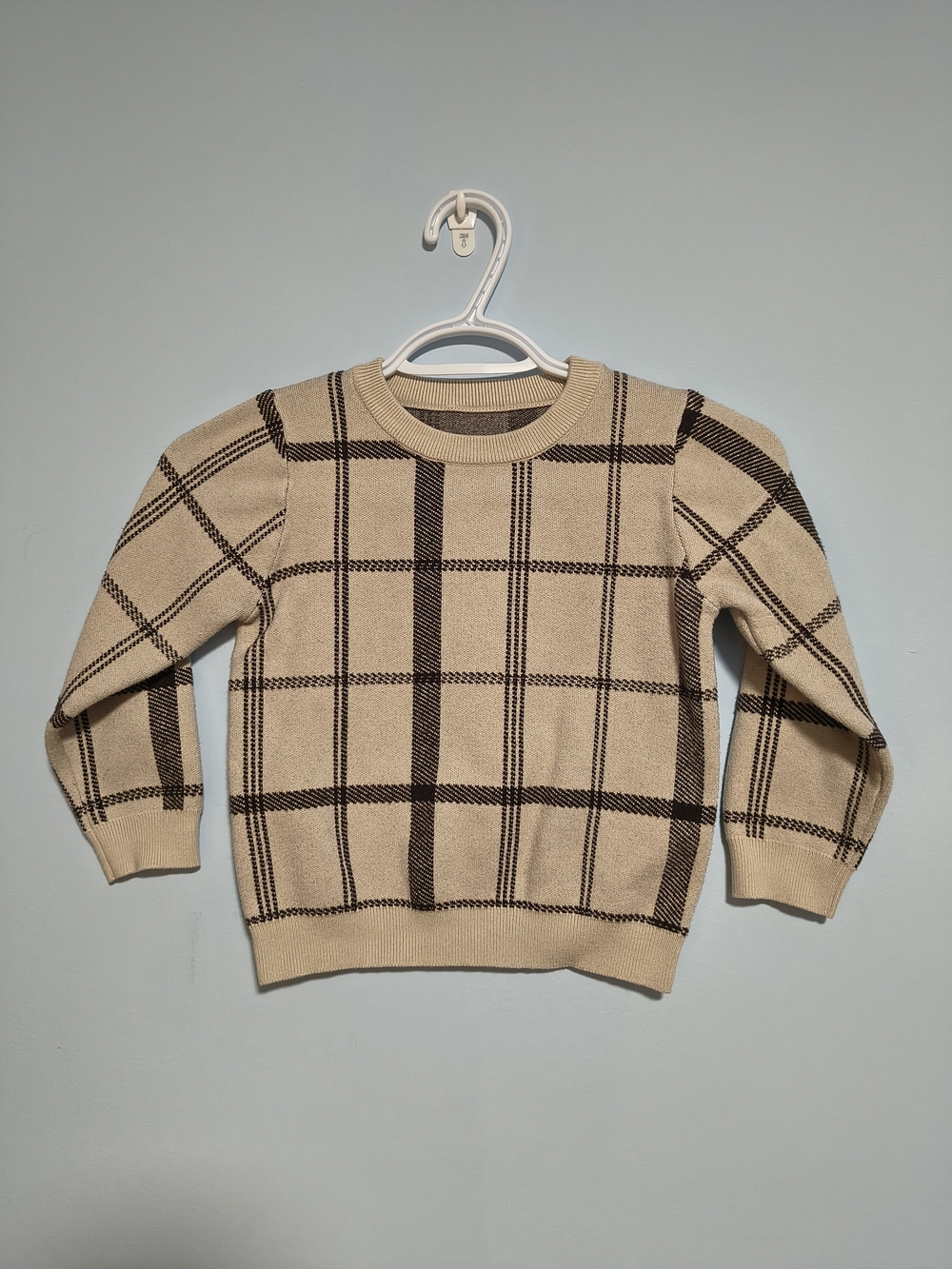 Two-tone Beige And Dark Brown Plaid Crewneck Sweater - Boys Size 5